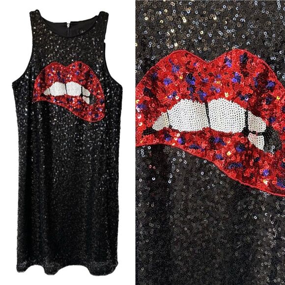 AIDAN MATTOX Neiman Marcus Sequin Biting Lips Tank Mini Dress Black 4 6 S - Picture 1 of 12